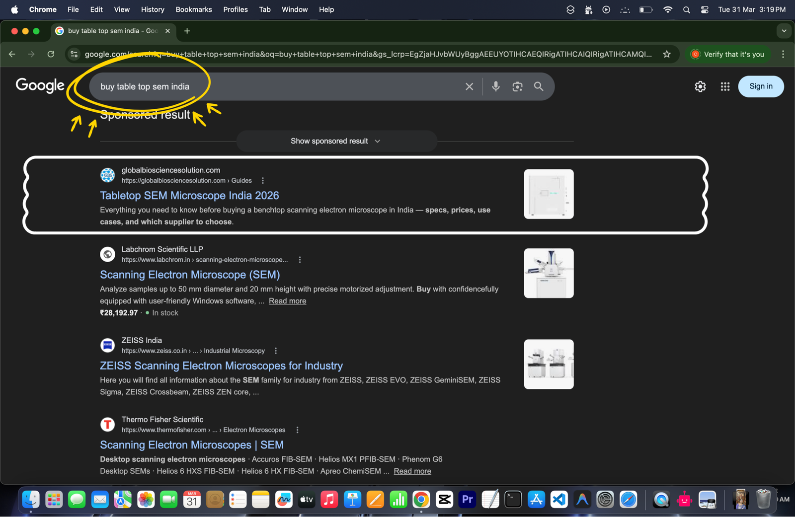 Google SERP for buy table top sem india — GBS ranking #1 organic after ads