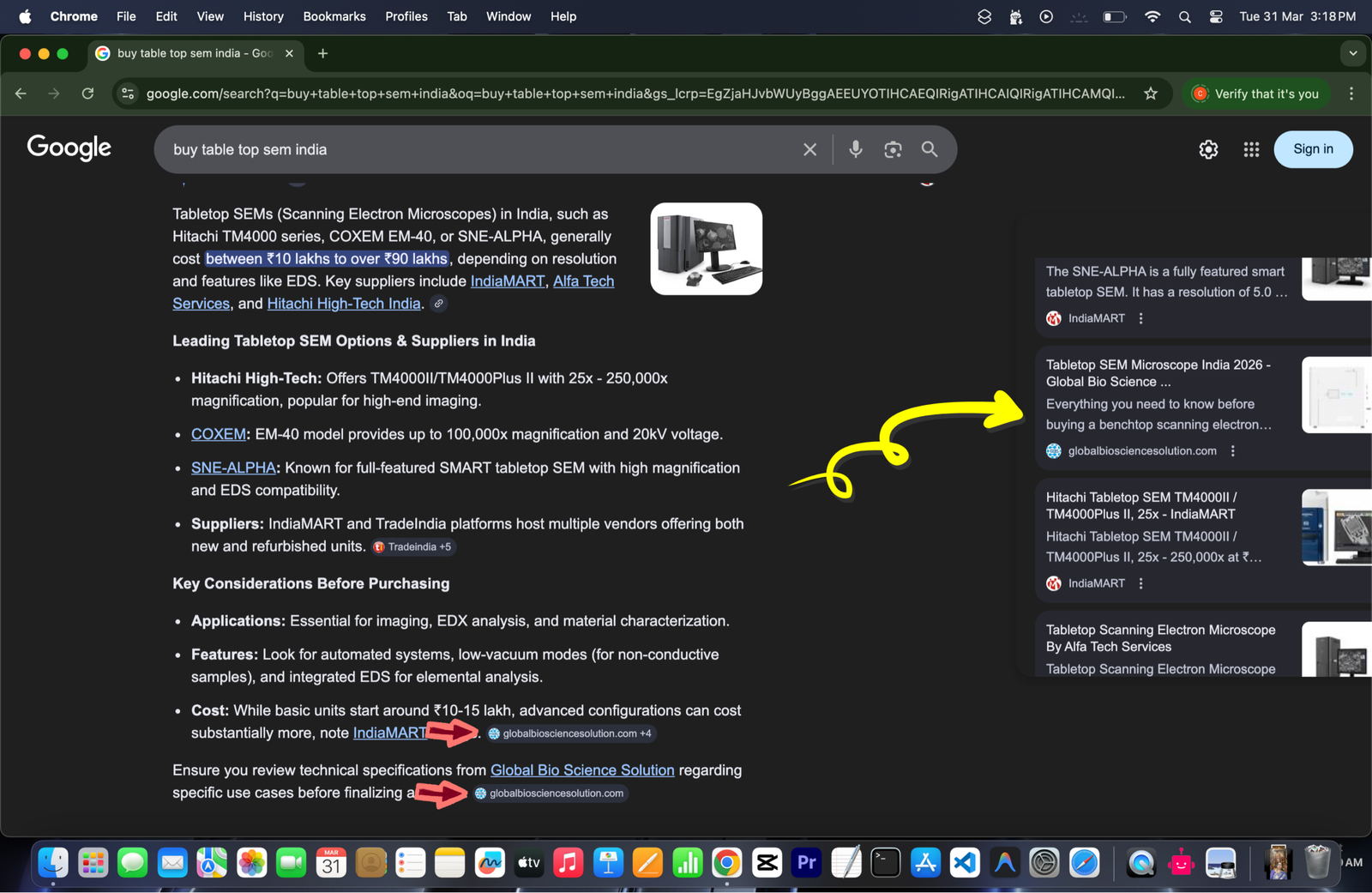 Google AI Overview for buy tabletop SEM india showing GBS cited as a key source