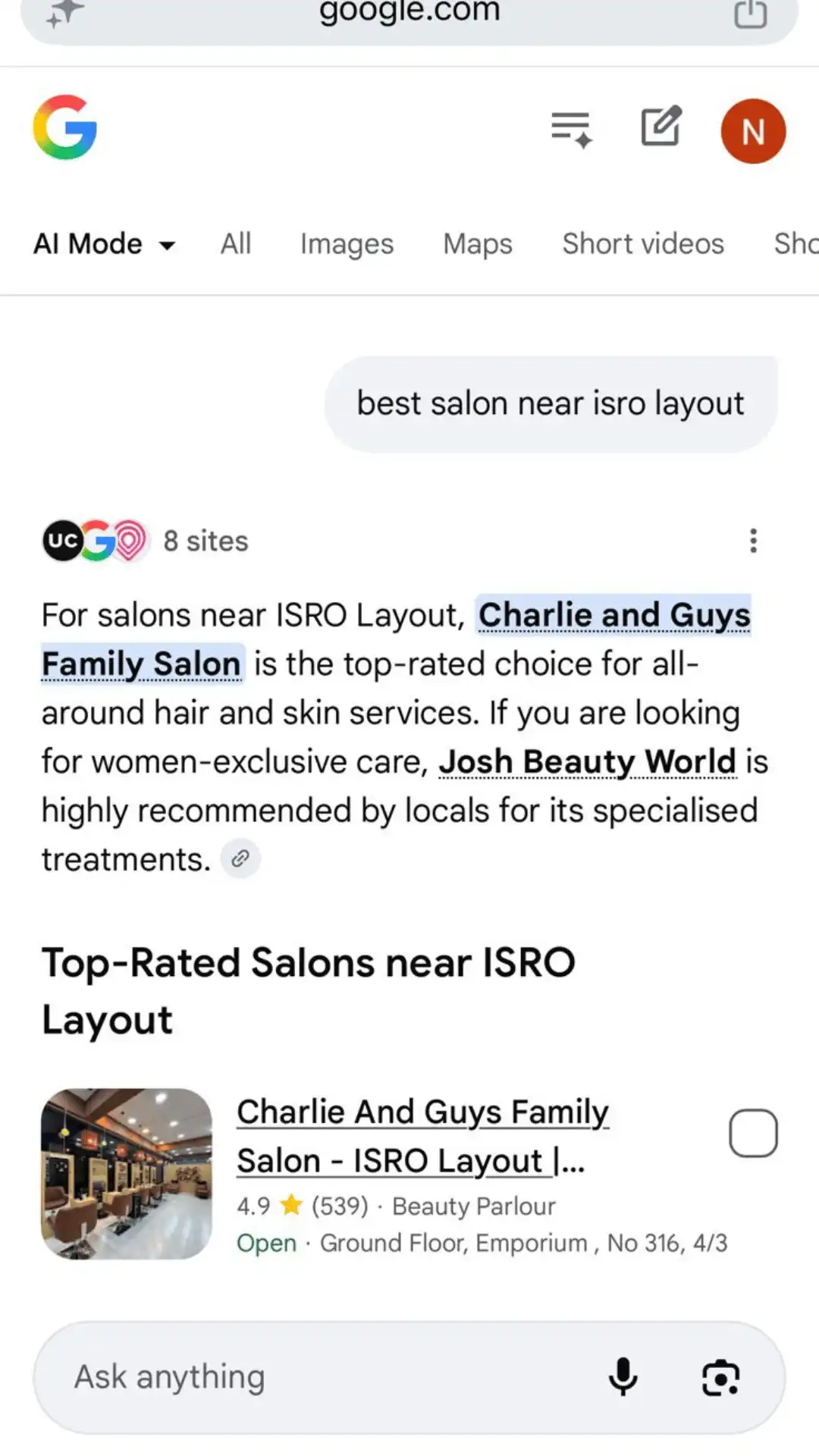 AEO for salons — answer engine optimisation result — Photon Media Bangalore