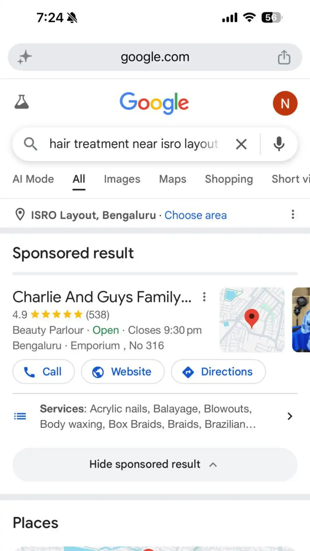 Google Ads Absolute Top of Page rank for salon — Photon Media Bangalore