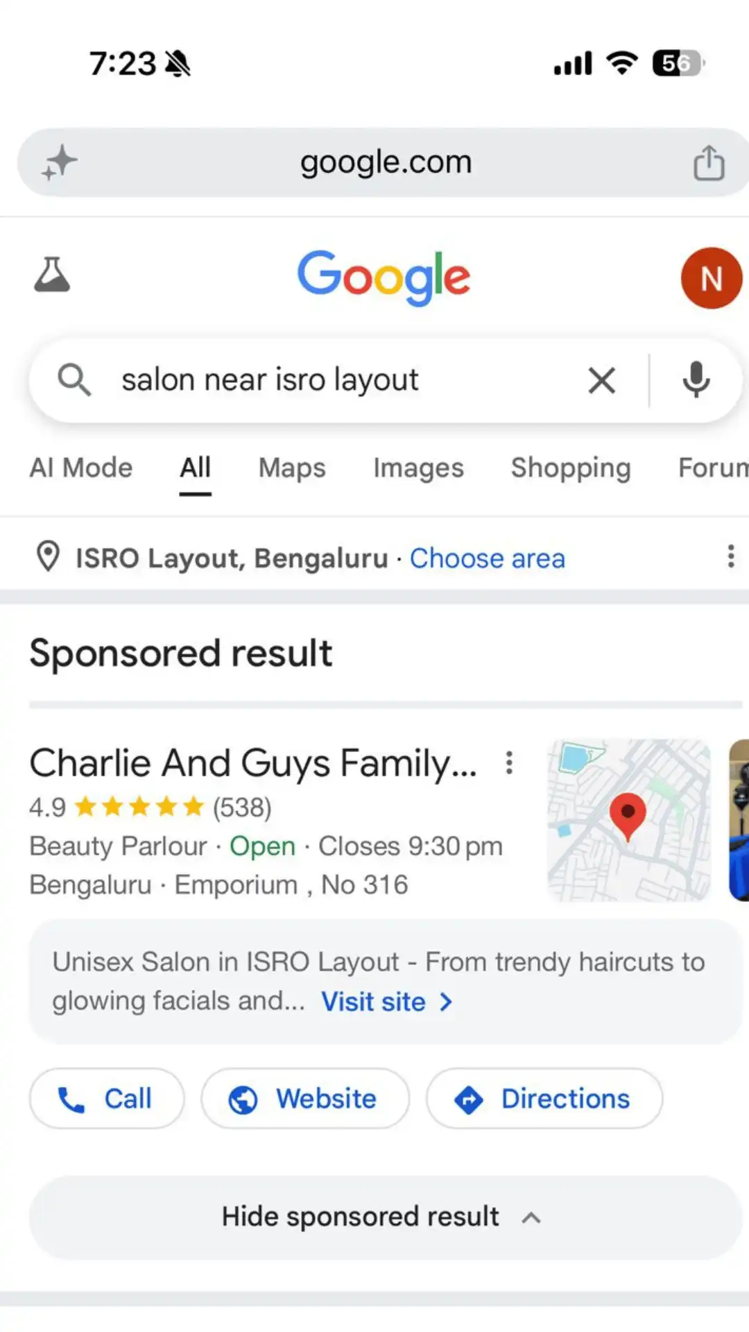 Google Ads results for salons in Bangalore — Photon Media